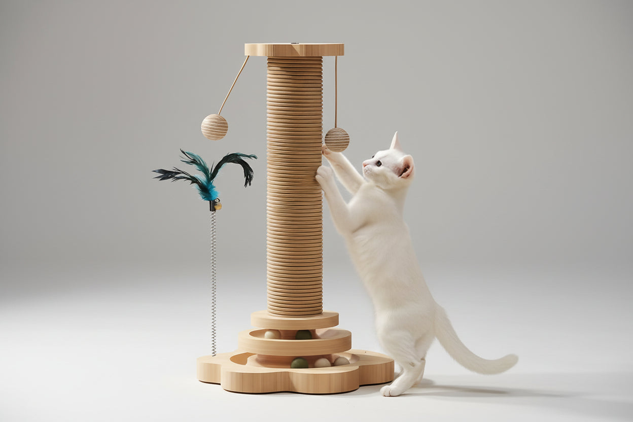 White cat playing with a wooden cat toy on a light wood floor.