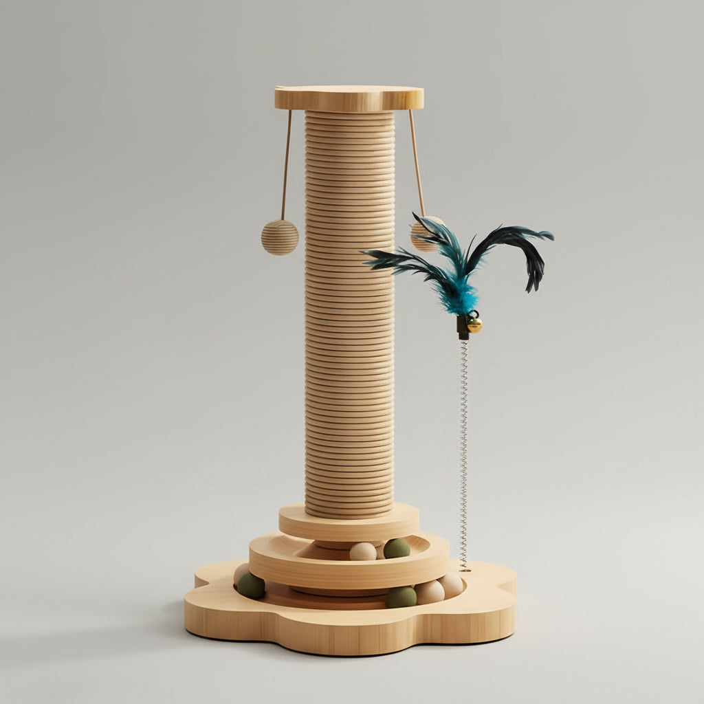 Two cats playing with a wooden scratching post toy indoors.