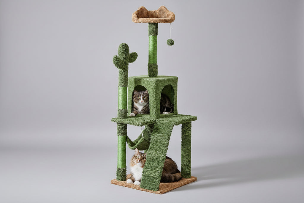 Green cat tree with multiple levels and a cat sitting on one of the platforms in a room.