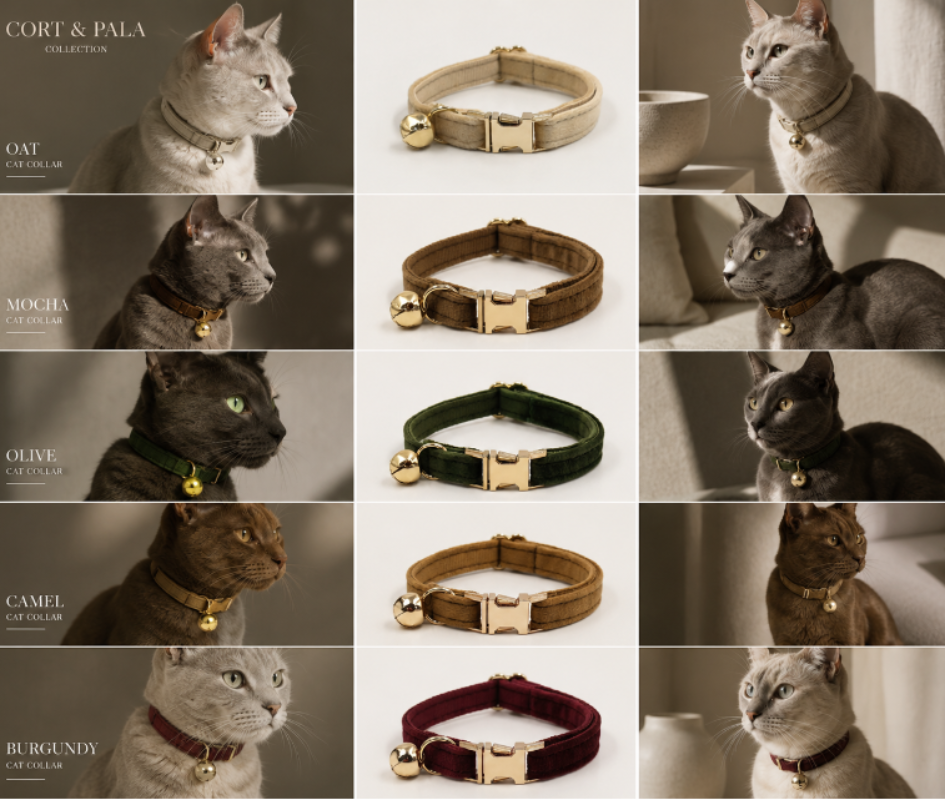 Cats wearing various luxury velvet cat collars with different colors and designs.