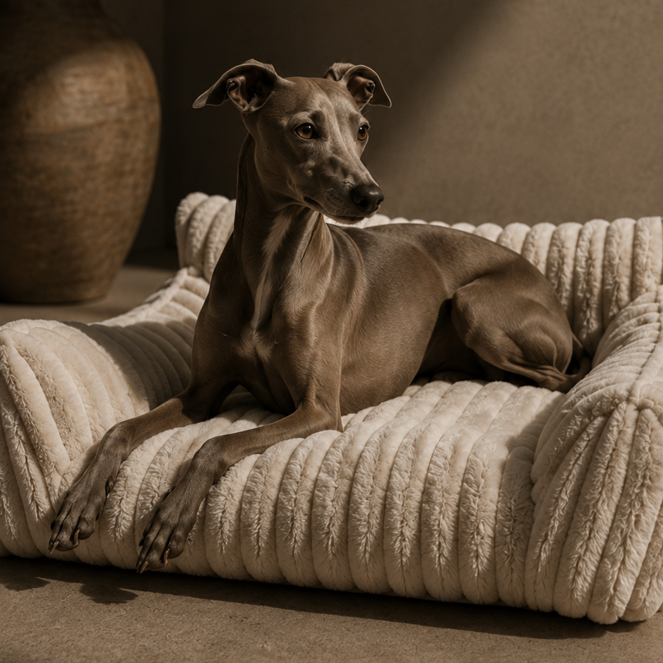 Dog sitting on a textured beige cushion with a warm light casting shadows.