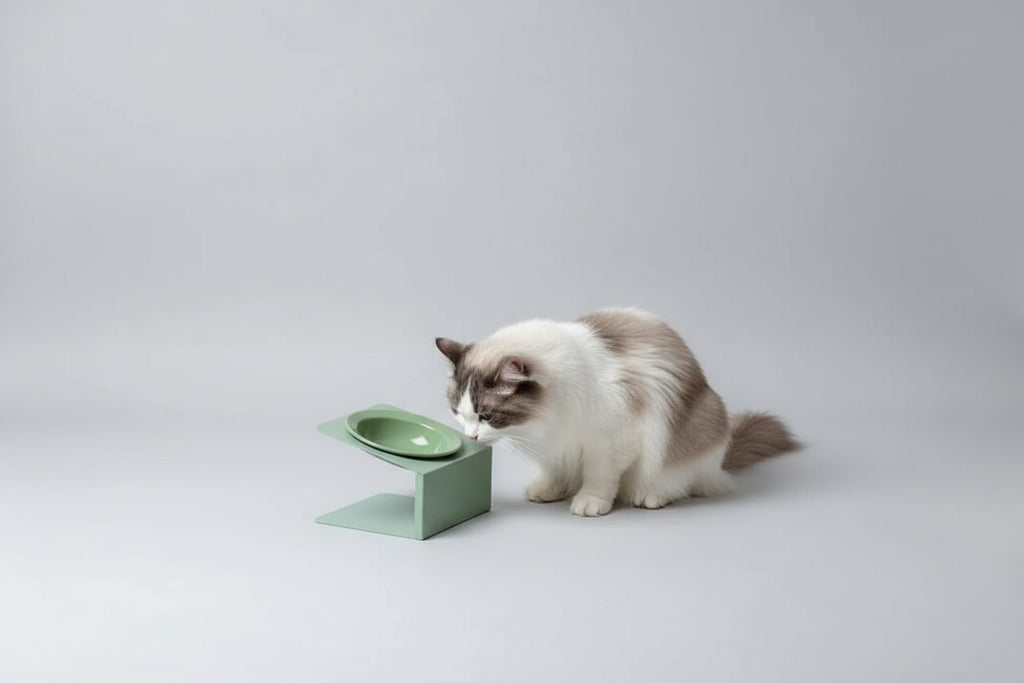 Cat interacting with a green pet bowl on a stand, suitable for neck support.