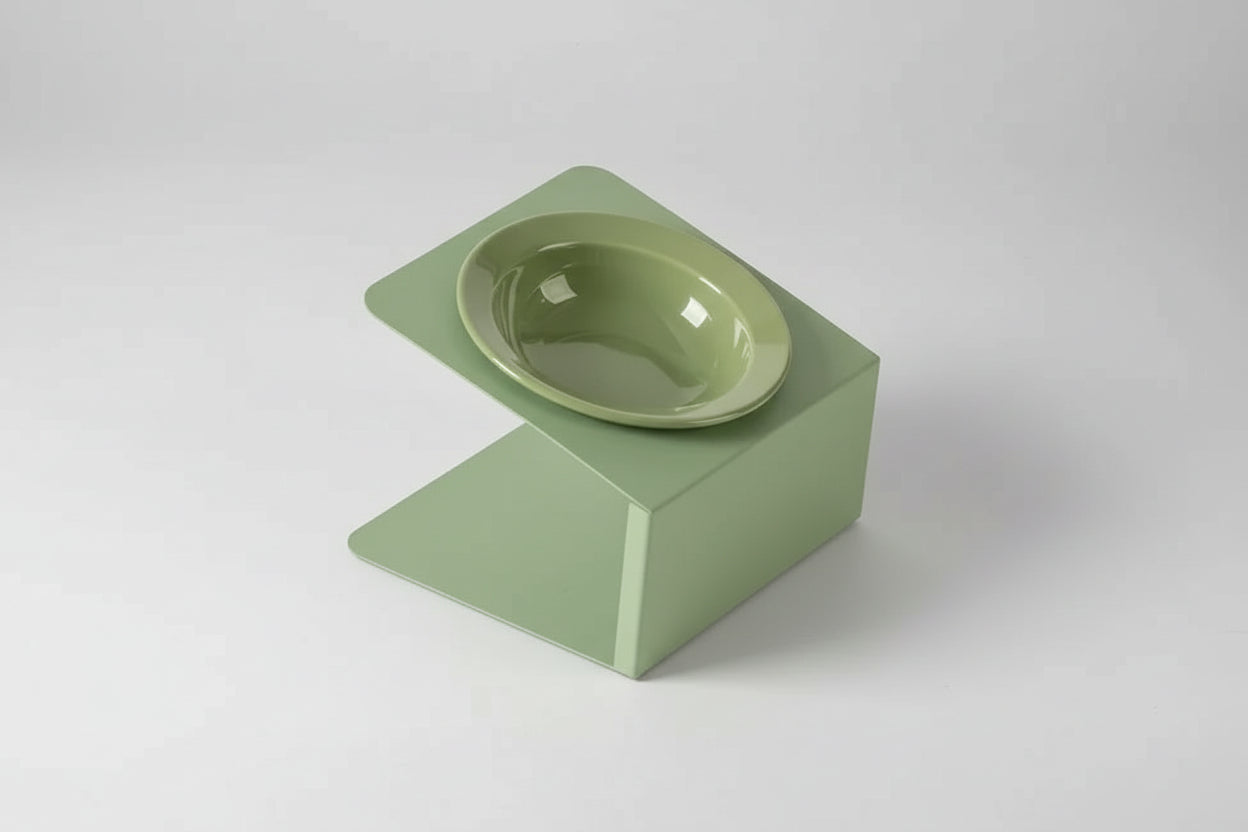 Green pet bowl and stand with a small icon and text on a white background
