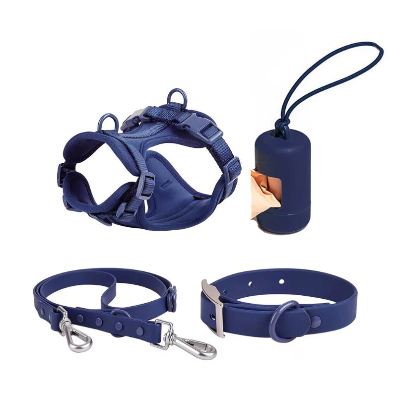 Dog harness, leash, collar, and waste bag dispenser set on a white background