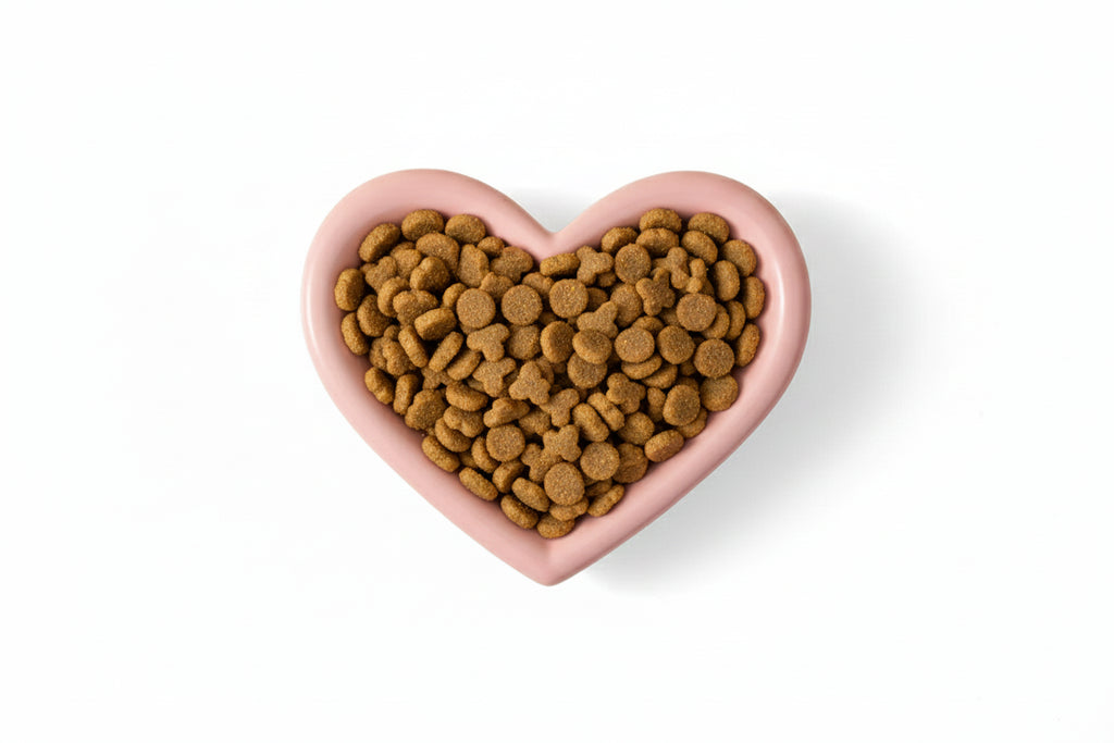 Heart-shaped pink cat dish on a white background