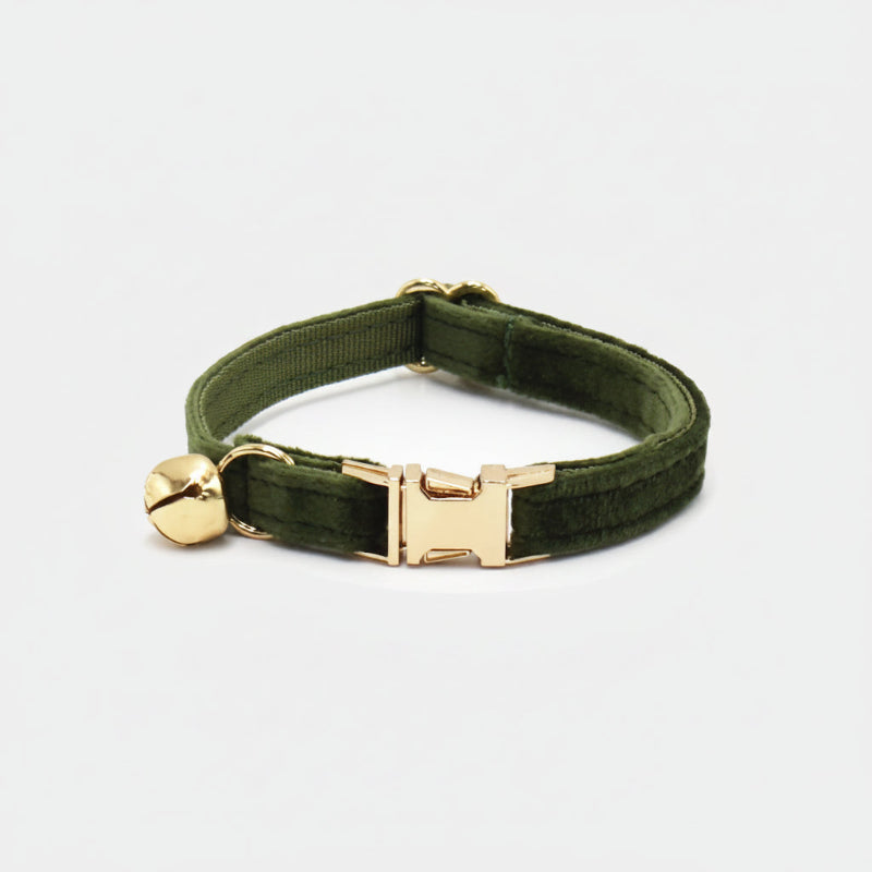 Green velvet cat collar with polished gold hardware and bell styled in warm editorial lighting for modern luxury pets.