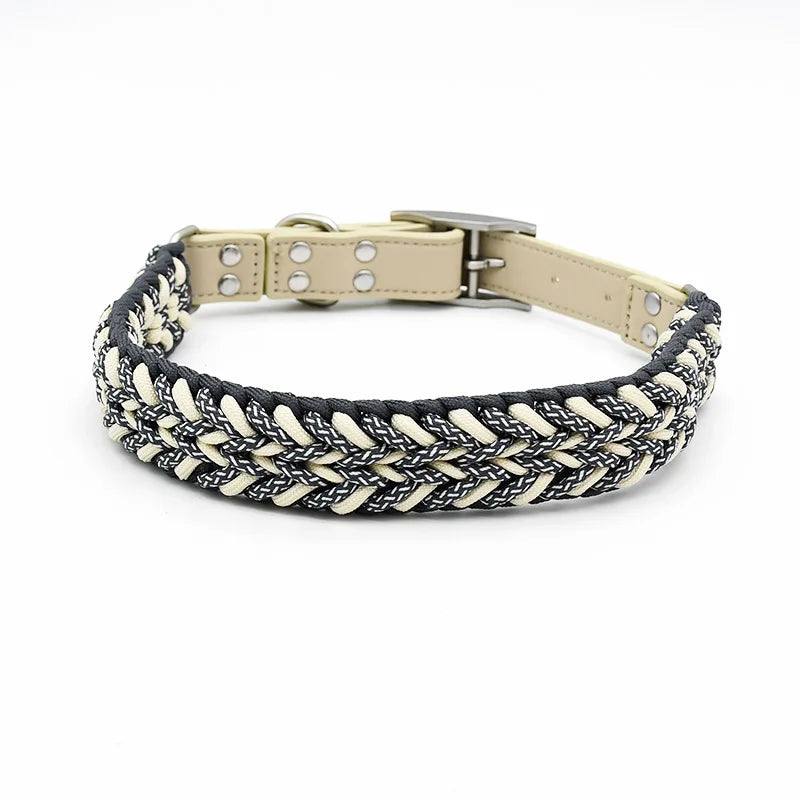 Braided dog collar with beige leather strap and metal buckle on a white background