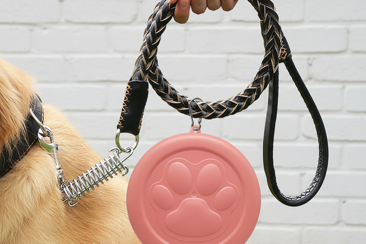 Dog collar with a pink disc and paw print design, attached to a braided leash, on a grassy background.