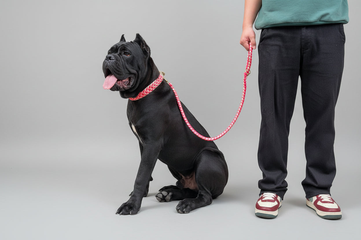 Black dog on a pink leash with a person holding it, sitting on a concrete surface.