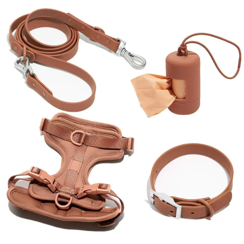 Brown dog leash, harness, collar, and remote trainer on a white background