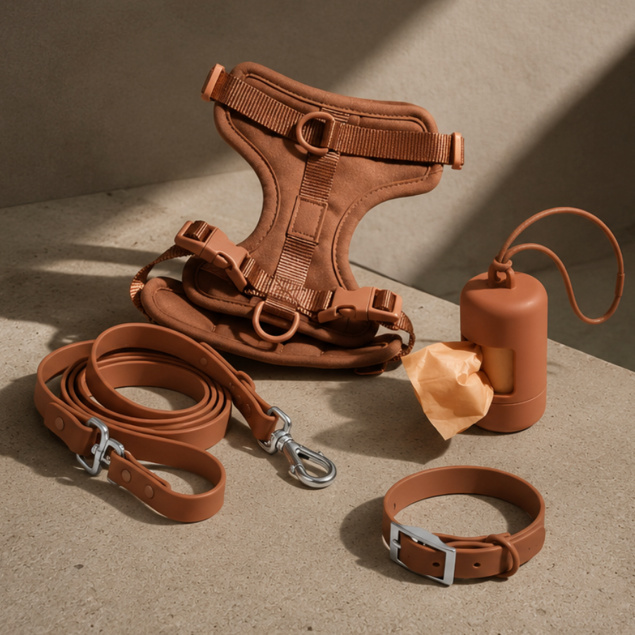 Luxury dog walking accessories set including harness, leash, collar and waste bag holder styled in warm editorial lighting.