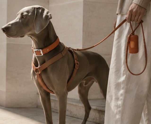 Grey dog wearing the Everyday Walk Set with matching harness and leash in a refined architectural outdoor setting.