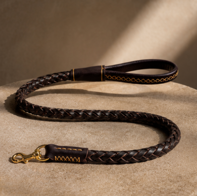 Brown braided leather dog leash with gold hardware on a beige surface