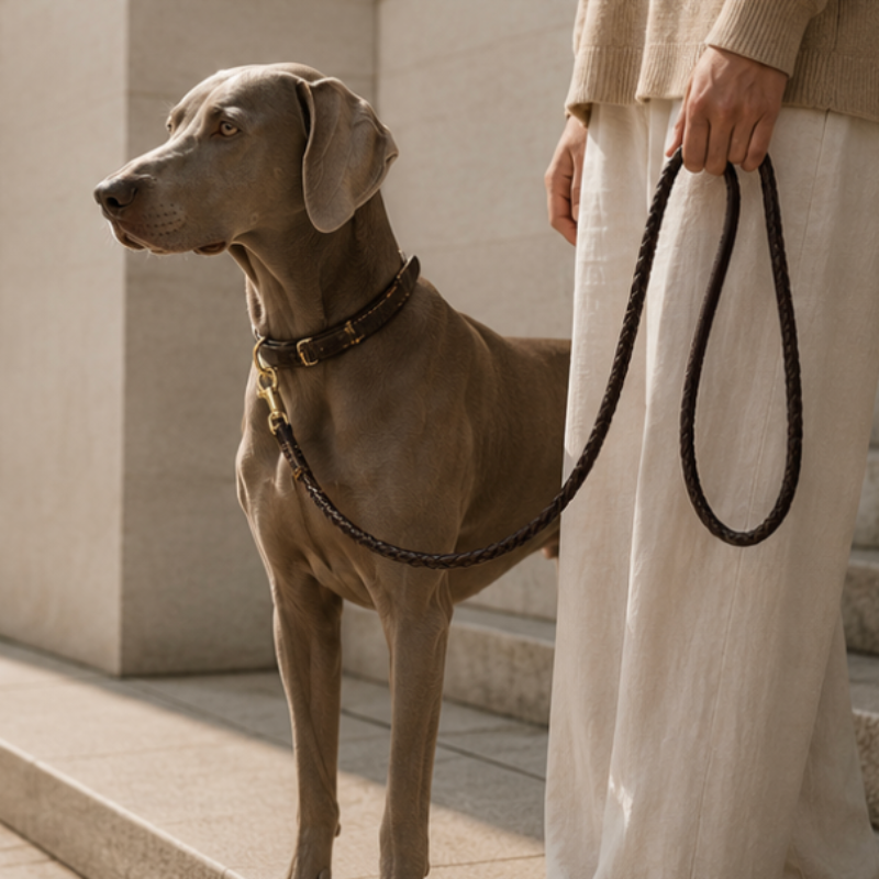 Dog on a leash held by a person in a neutral setting