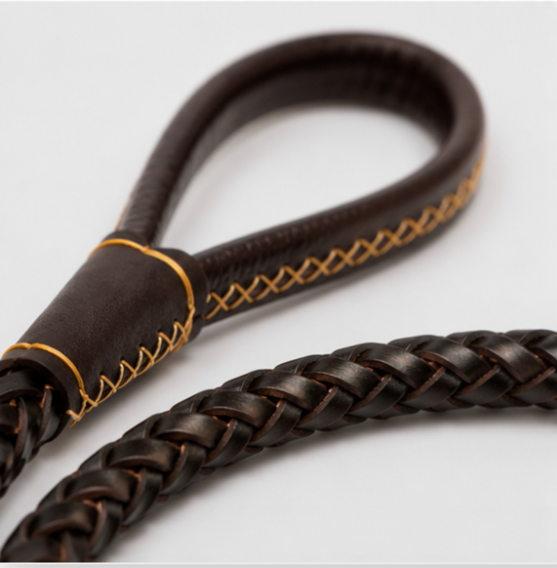 Brown braided leather strap with gold stitching on a light gray background