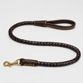 Brown braided dog leash with gold hardware on a white background