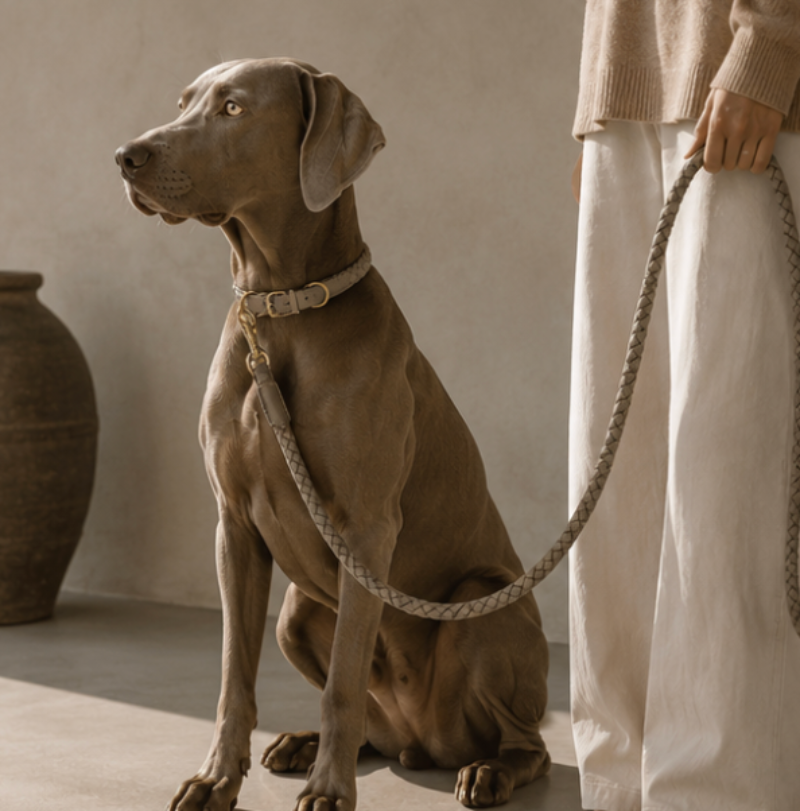 Dog on a leash sitting next to a person in a neutral setting