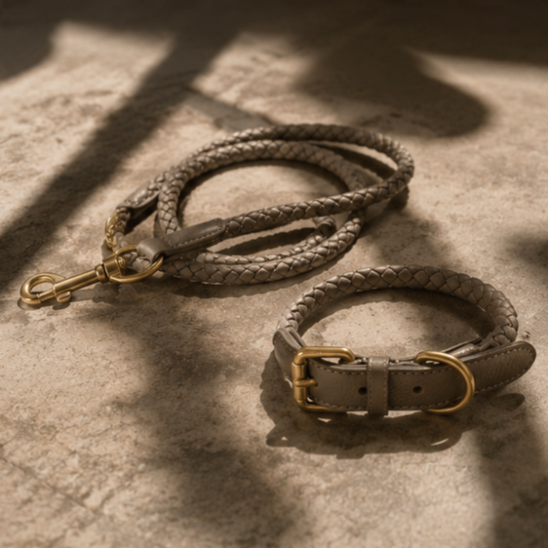 “Luxury braided taupe leather dog lead and collar set styled with a Weimaraner in a warm minimalist interior.