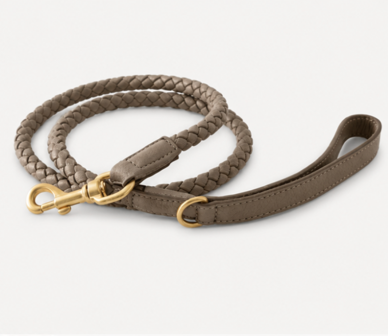 “Luxury braided taupe leather dog lead and collar set styled with a Weimaraner in a warm minimalist interior.