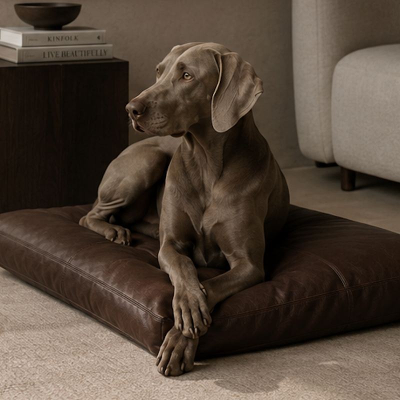 Weimaraner dog resting on luxury leather pet bed in contemporary architectural interior.