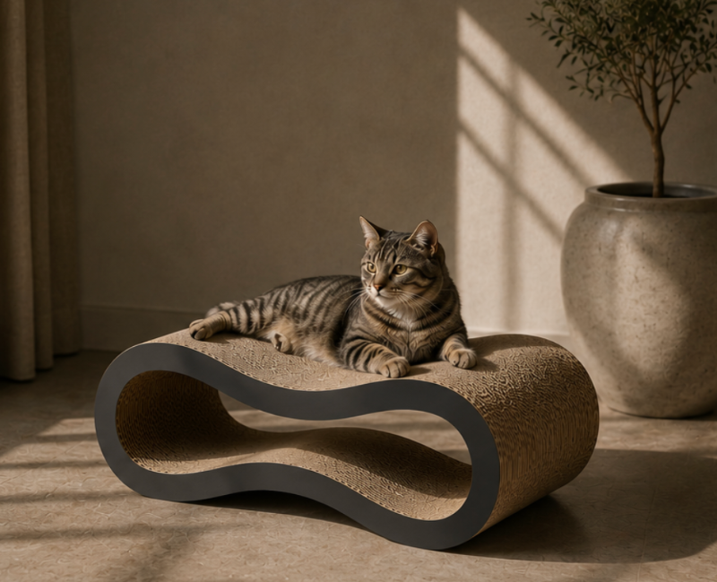 Cat lounging on a modern cat tree in a sunlit room with a plant in the background.