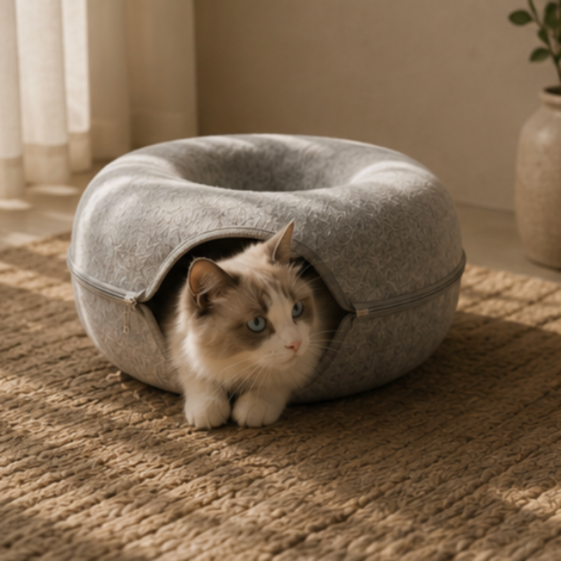 Cat peeking out from a gray donut-shaped pet bed on a carpeted floor.
