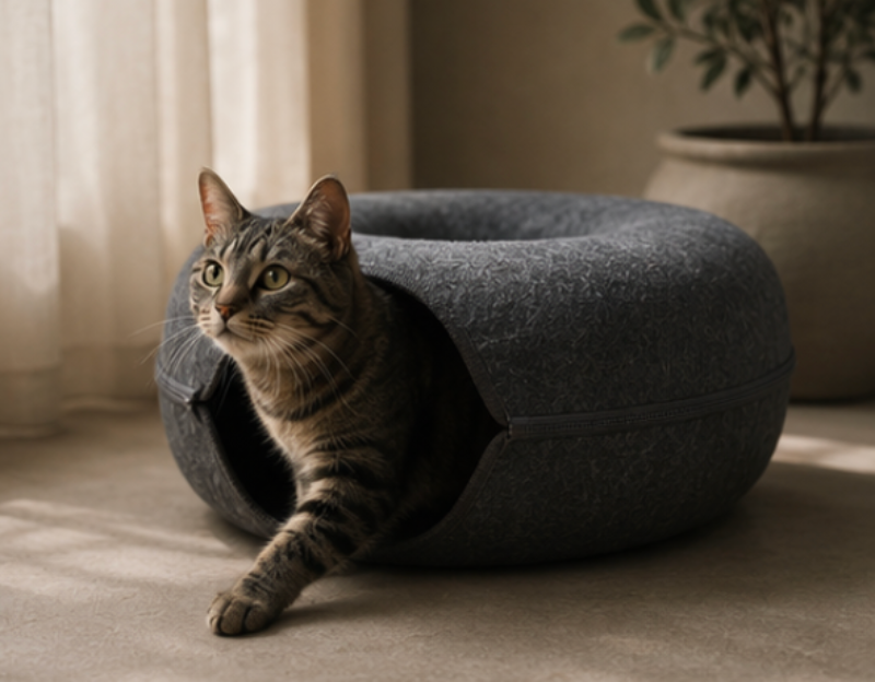 Cat sitting inside a gray pet bed with a soft background