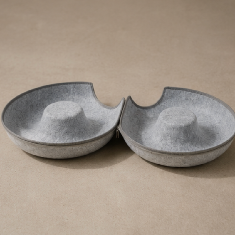 Zip-apart felt cat cave bed showing dual-use lounge and hideaway design.