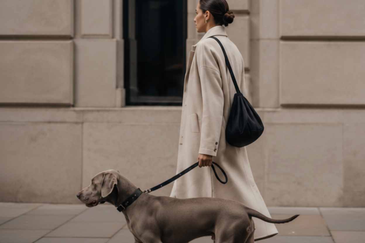 Woman walking a dog on a leash with 'Cort & Pala' branding.