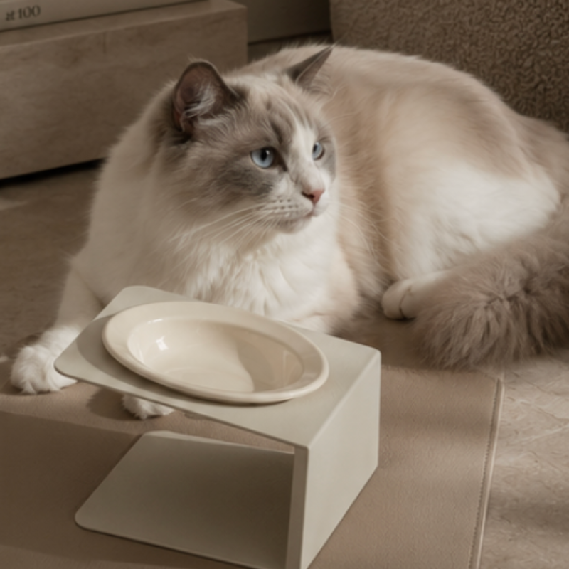 Cat sitting on a cushion next to a white bowl in a room with a beige armchair.