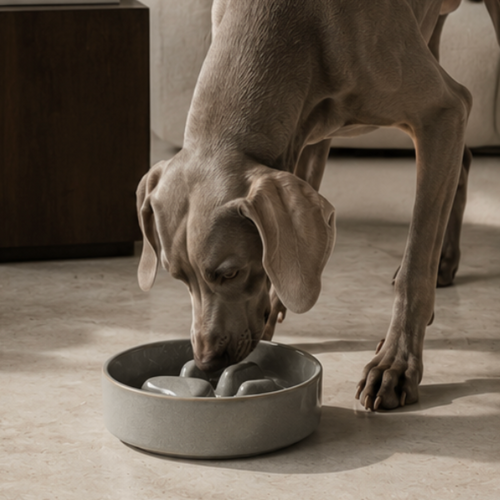 Dog eating from a bowl on a wooden floor in a home setting