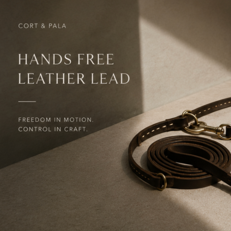 Luxury brown leather hands free dog lead with brass hardware styled on a warm stone surface in natural light.