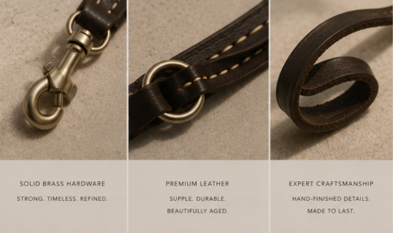 Close-up of premium leather stitching and solid brass hardware on luxury dog lead.