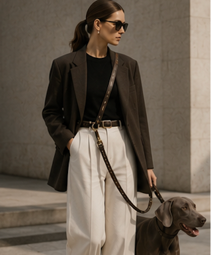 Woman wearing brown leather dog lead cross body while walking a large dog in a minimalist urban setting.