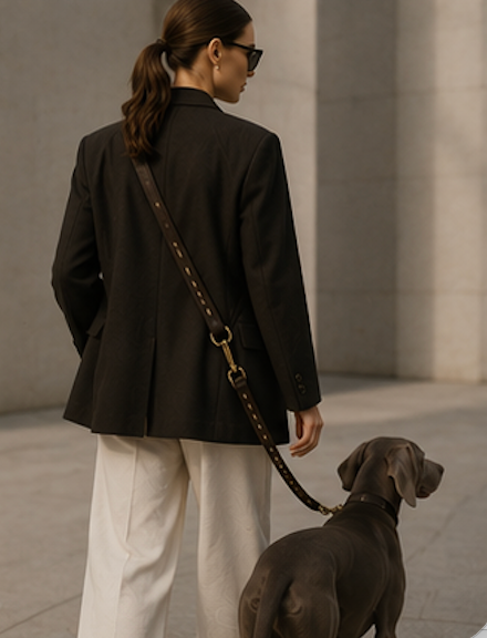 Woman in a black blazer and white pants walking a dog on a leash against a neutral background