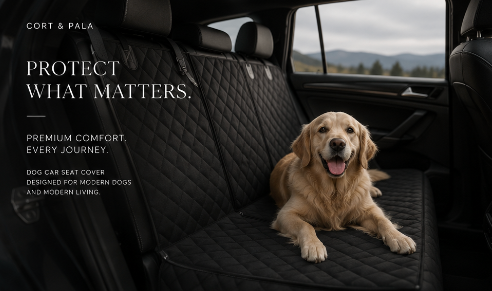 Dog sitting on a black car seat cover with text about product features.