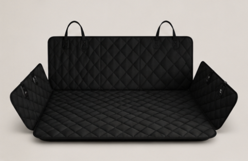 Black quilted car seat cover on a black background