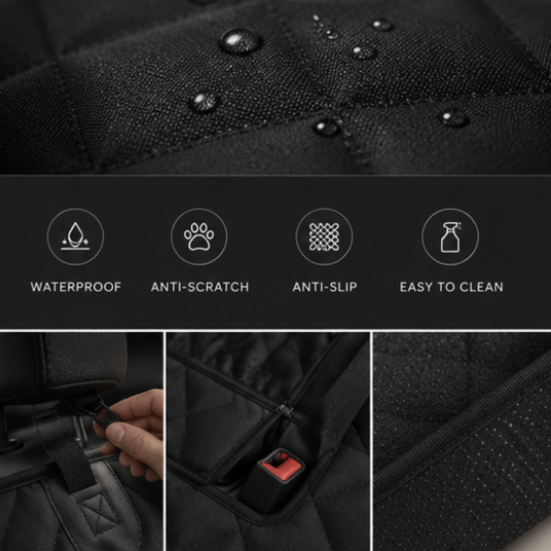 Black textured surface with waterproof, anti-scratch, anti-slip, and easy to clean features highlighted.