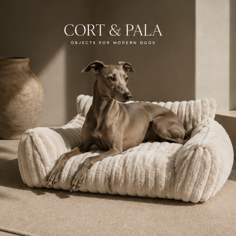 Dog lying on a fluffy pet bed with 'Cort & Pala' branding in the background.