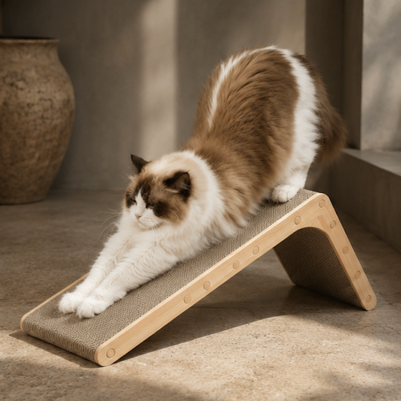 Minimal wooden cat scratch lounge styled in warm architectural interior with soft directional lighting.