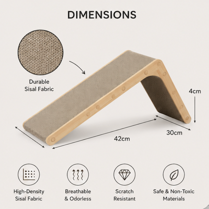 Cat scratcher with dimensions and material properties on a white background