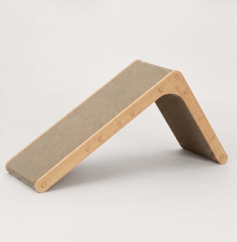 Wooden cat ramp with textured surface on a white background