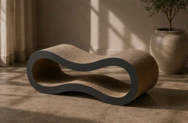 Modern cat scratcher on a carpeted floor with a plant in the background