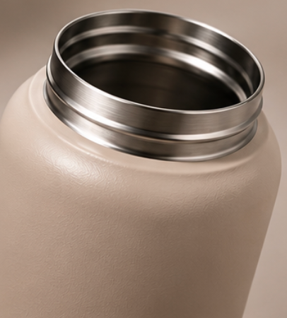 Close-up of a beige thermos with a silver lid on a beige background