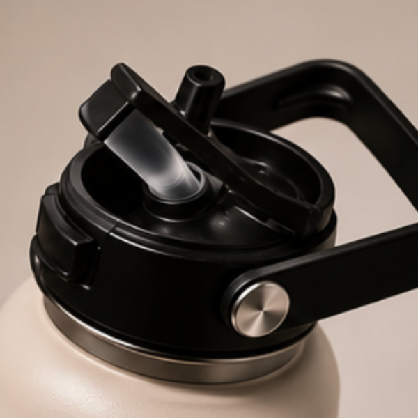 Close-up of a white water bottle with a black lid and handle on a beige background