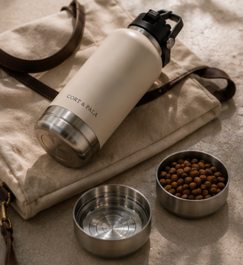 White water bottle with silver base and lid, placed on a beige fabric surface with two metal bowls containing food.