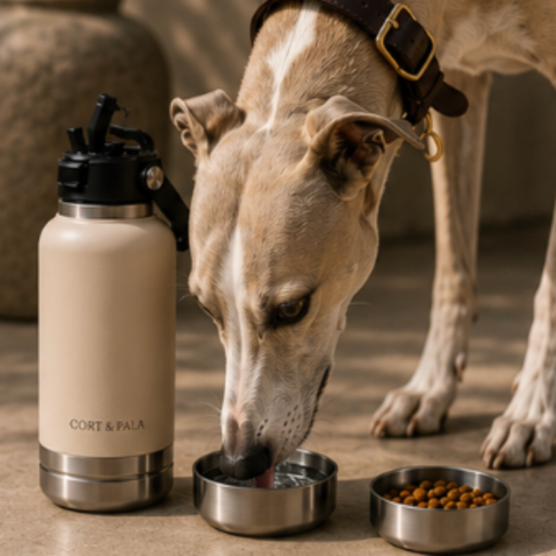 Dog eating from a bowl next to a water bottle with 'Cort & Pala' branding.