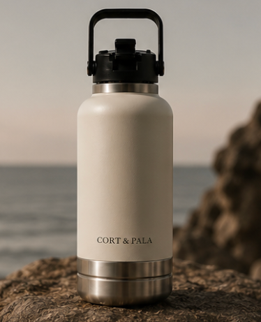 White insulated bottle with black lid on a rock by the ocean