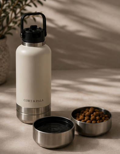 Cort & Pala water bottle with pet bowls on a neutral background