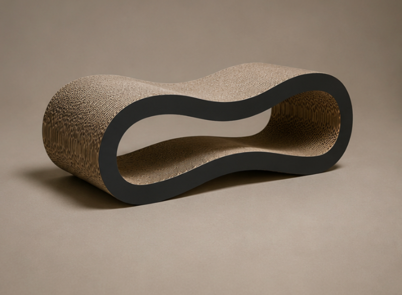 Cat scratcher with wavy design on a beige background